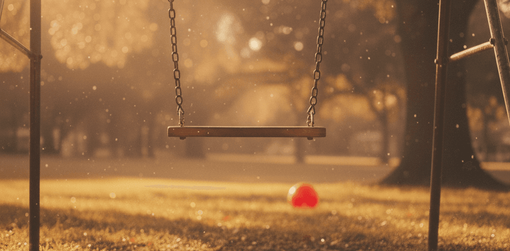 An empty playground swing at golden hour — a quiet reminder of love that waits across distance